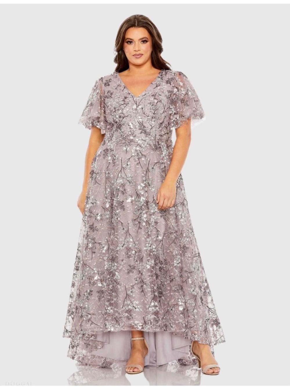 Mac Duggal Dusty Lavender Embroidered V-Neck Evening Gown